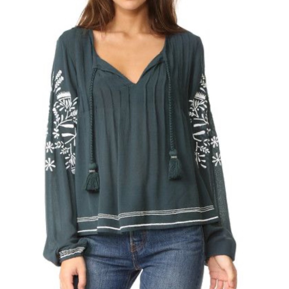 Tularosa Teal Embroidered Peasant Blouse with Tassels